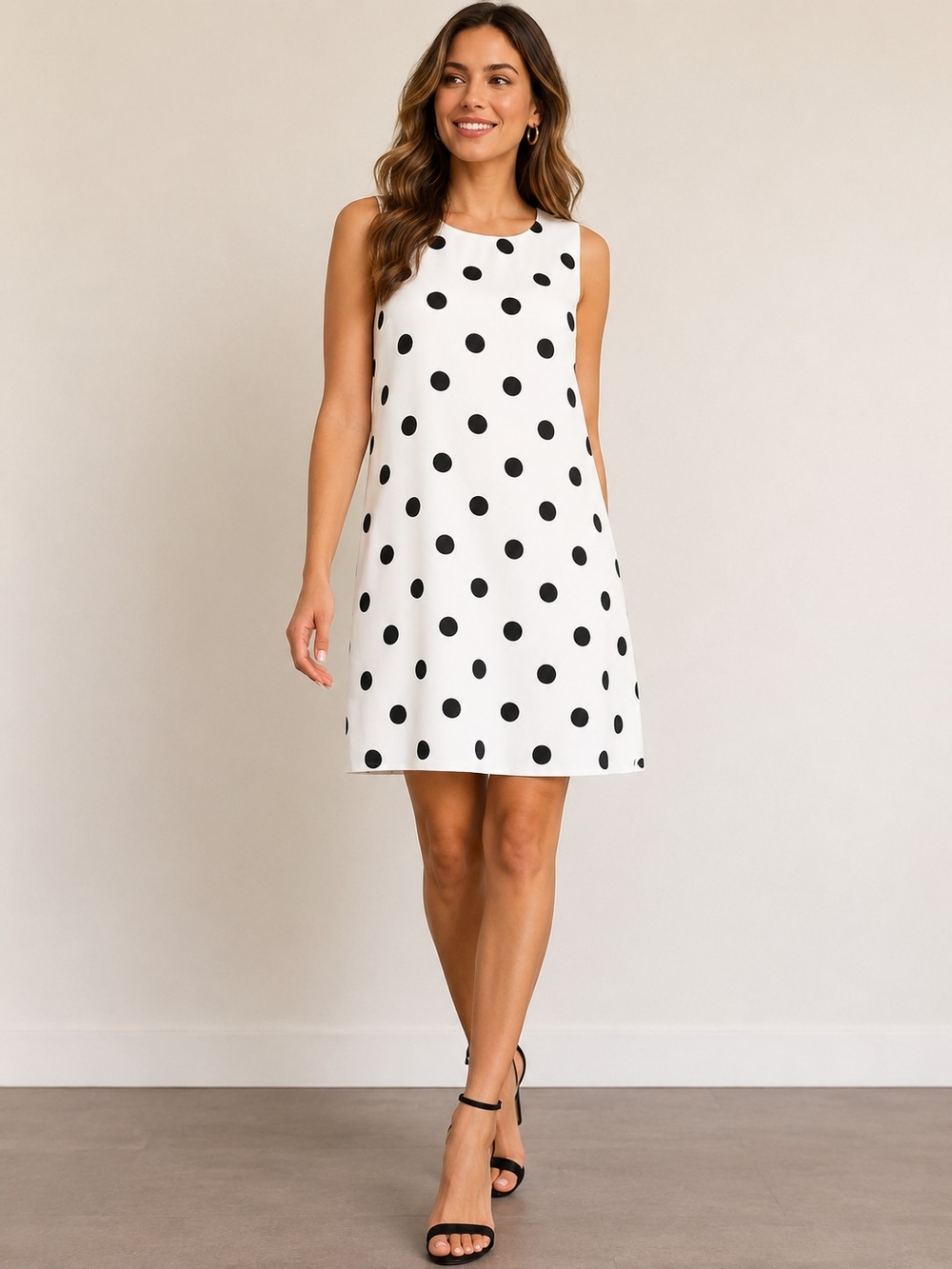 Anne Klein Polka Dot Shift Dress White Black Sleeveless Career Party Size Medium